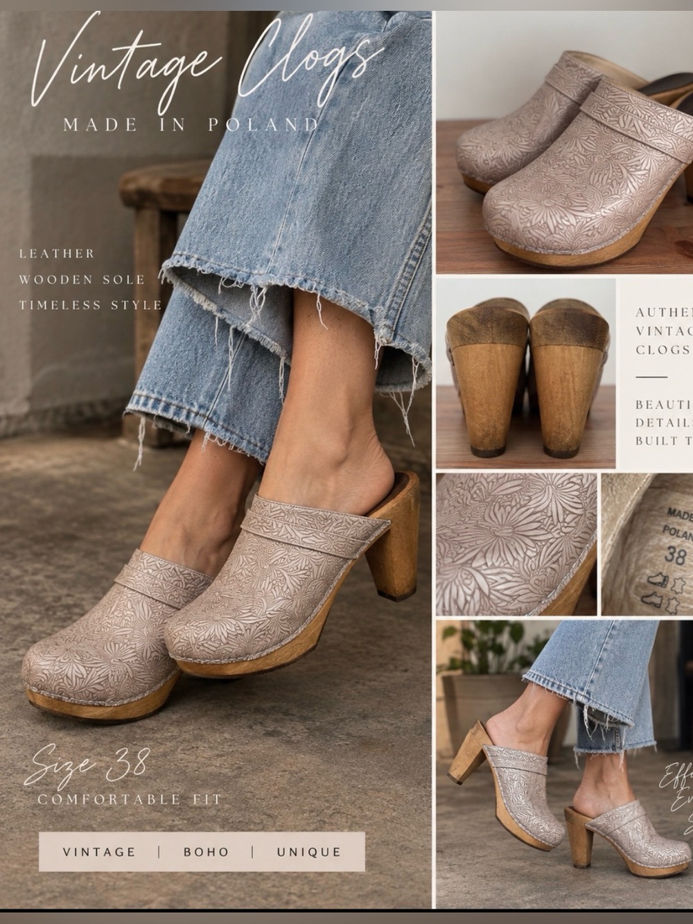 Vintage Floral Leather Clogs in Taupe — Unbranded